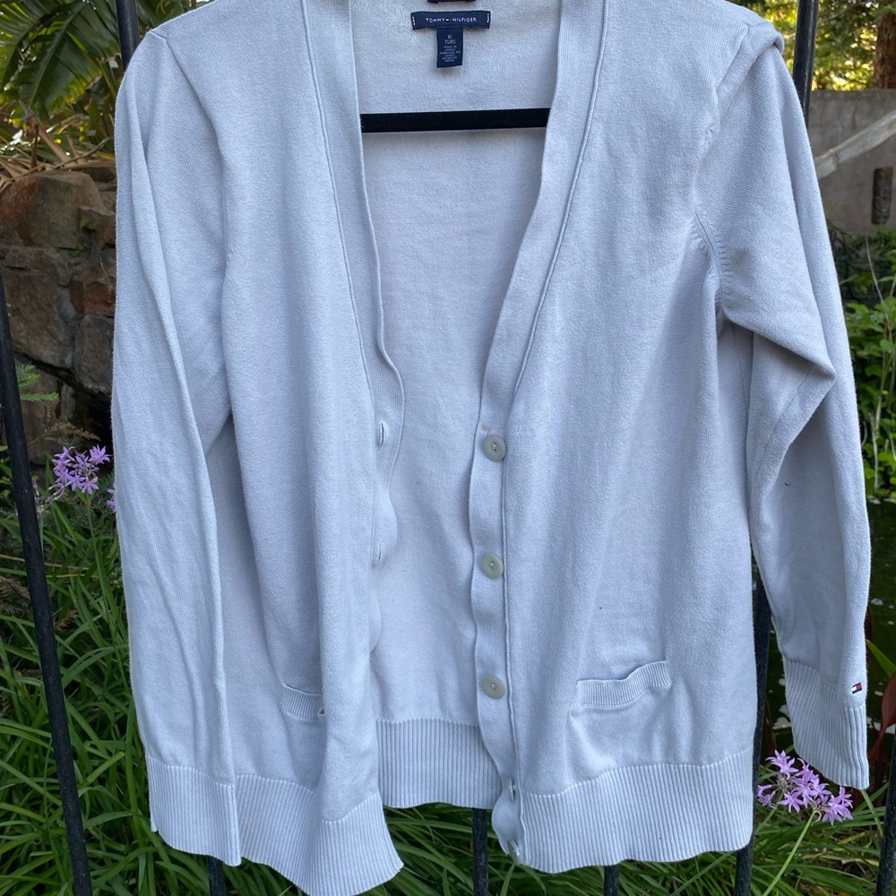Tommy Hilfiger Women's Light White Button-Up V-Neck Cardigan
